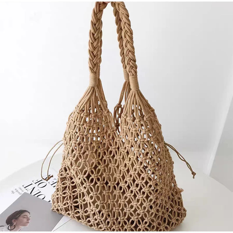 Hollow Crochet Mesh Shoulder Bag With Inner Pocket Women Solid Color Tote Bag
