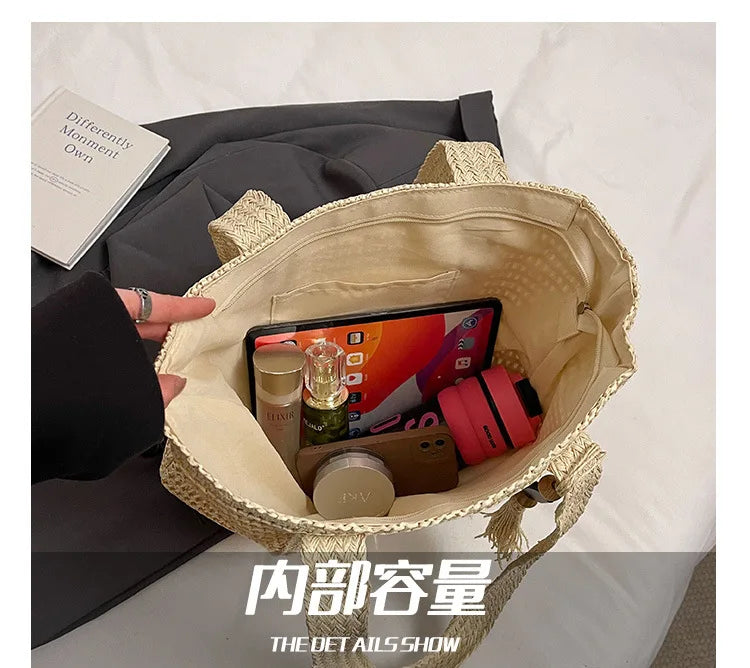 French Style Large Capacity Woven Straw Shoulder Bag For Women Beach Vacation