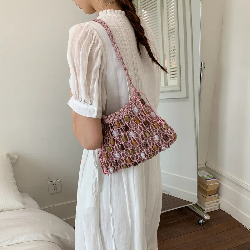 Hollow Beading Womens Shoulder Bag Rope Knitting Bohemian Crochet Mesh Tote Bag