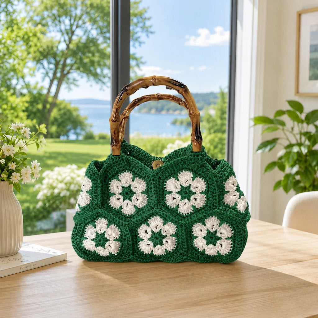 Handwoven Floral Crochet Bag Retro Granny Square Tote For Women Daily Travel