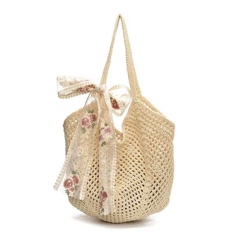 Summer Lace Bow Tote Bag For Women Raffia Rattan Crochet Shoulder Bag 2025