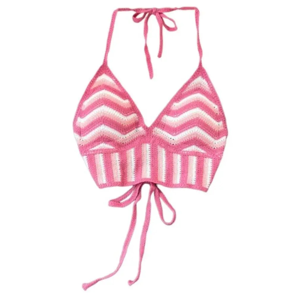 Haut débardeur Bohème au Crochet Dos Nu Creux pour Femme Vêtements de Plage Tricot Rayé
