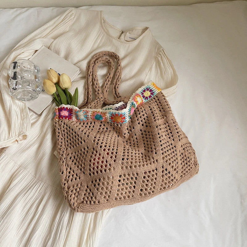 Bohemian Handmade Beach Tote Bag Beads Trim Straw Crochet Women Shoulder Bag