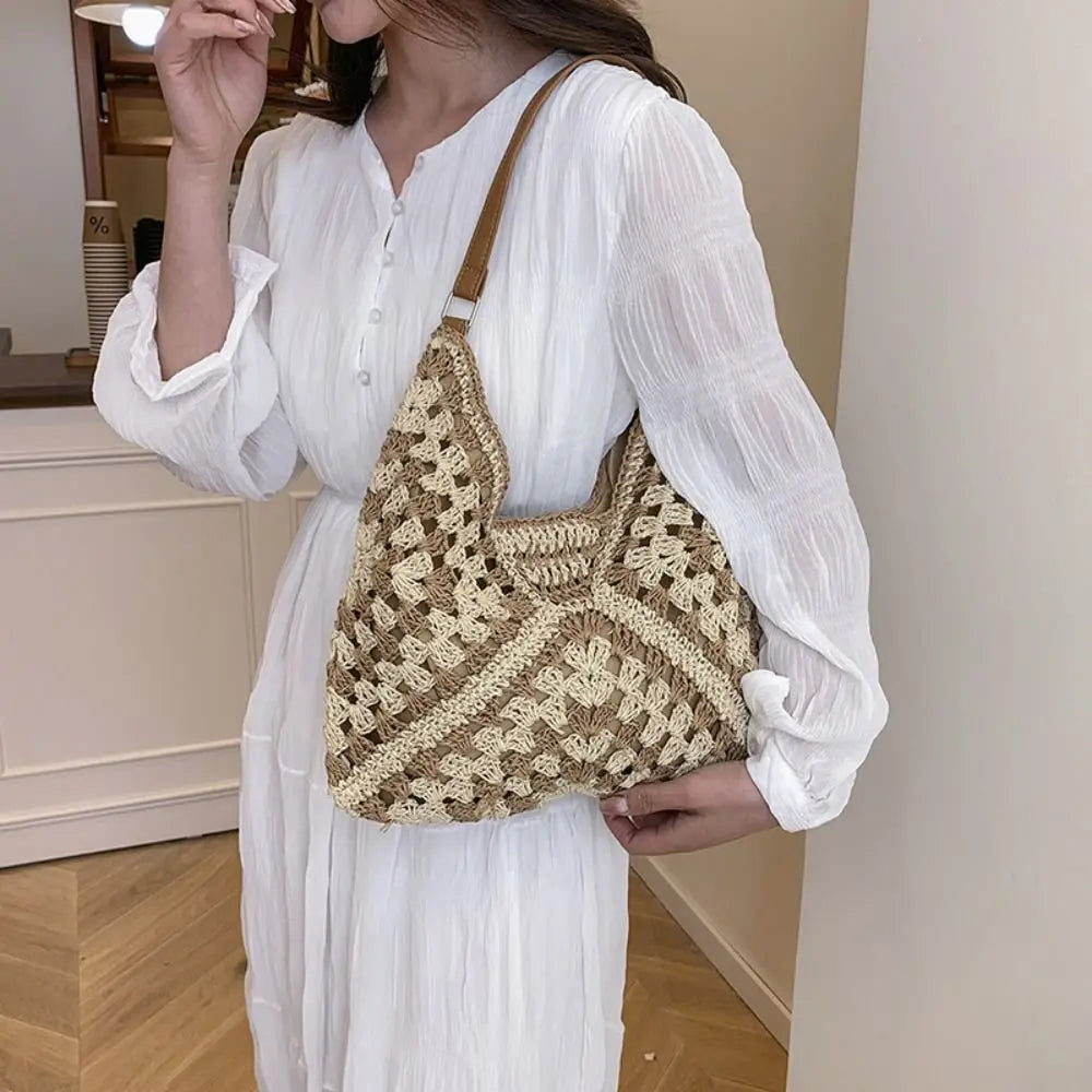 Summer Straw Crochet Bag For Women Beach Shoulder Tote Vacation Bag