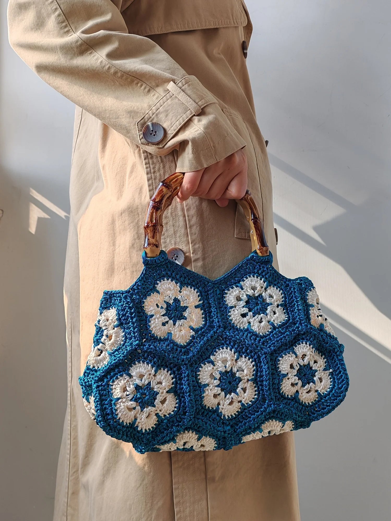 Handmade Crochet Granny Square Tote Bag With Bamboo Style Handle Vintage Flower