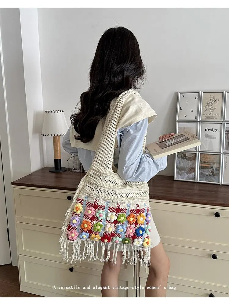 Women's Large Crochet Shoulder Tote Bag For Casual Daily Use School Commute