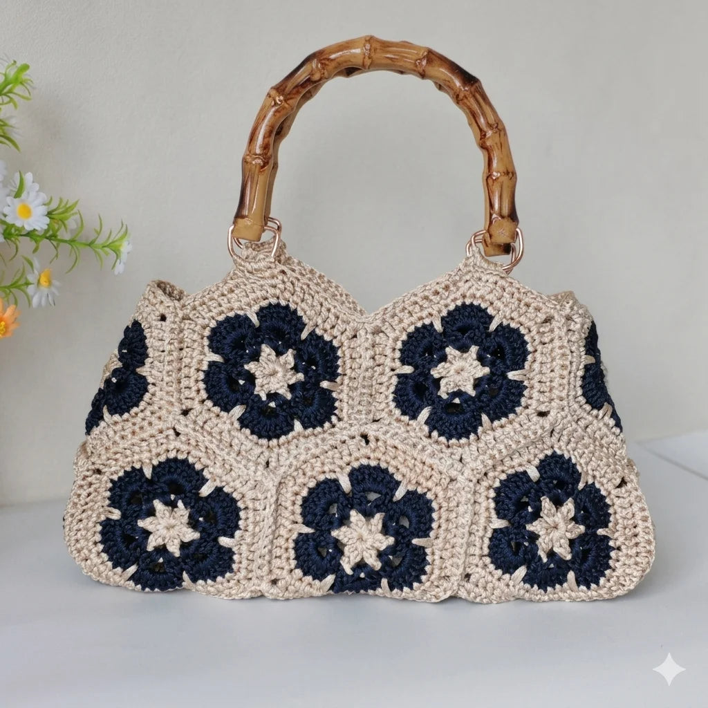 Handmade Crochet Granny Square Tote Bag With Bamboo Style Handle Vintage Flower
