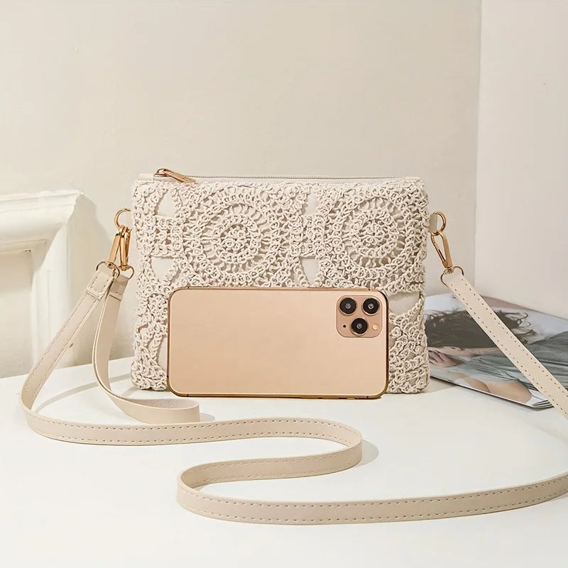 Korean Versatile Crossbody Crochet Bag Straw Woven With Zipper Closure