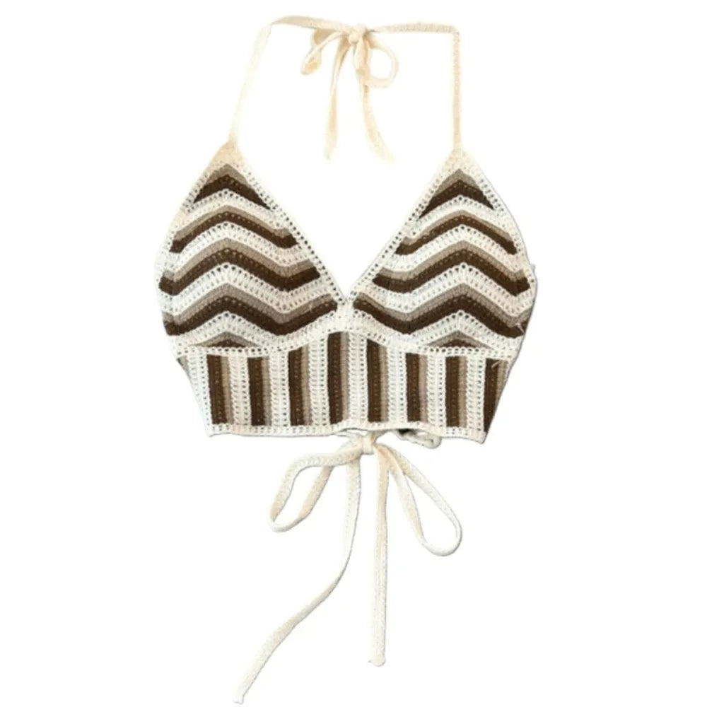 Bohemian Crochet Backless Hollow Out Tank Top For Women Beachwear Striped Knit