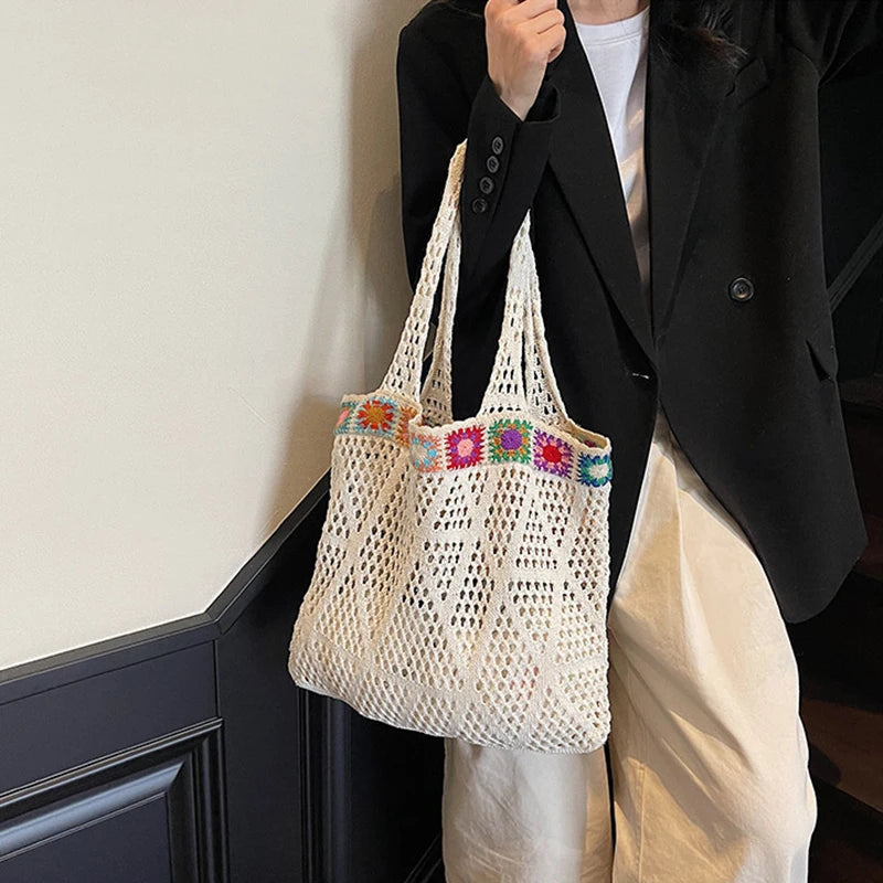 Bohemian Handmade Beach Tote Bag Beads Trim Straw Crochet Women Shoulder Bag
