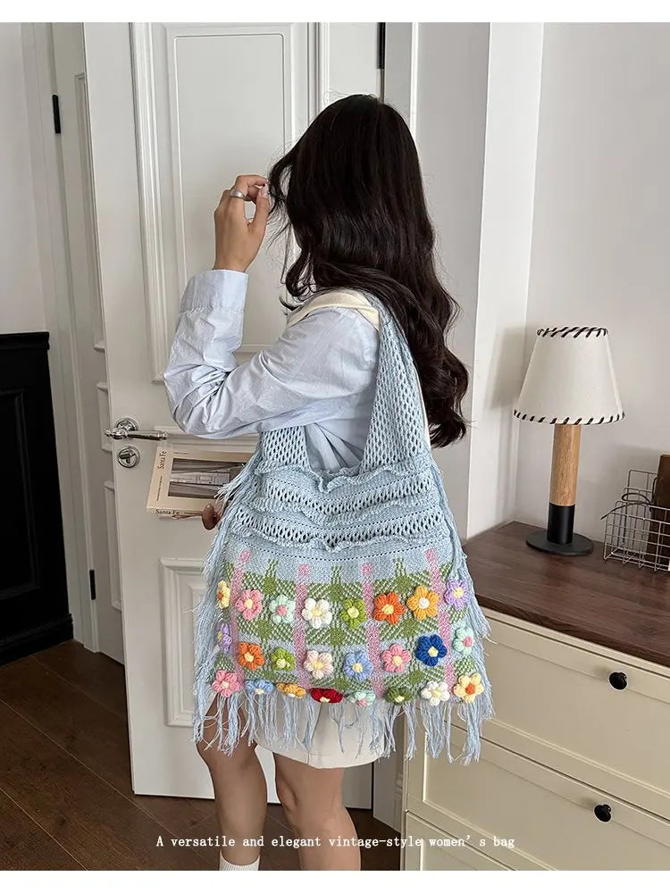 Women's Large Crochet Shoulder Tote Bag For Casual Daily Use School Commute