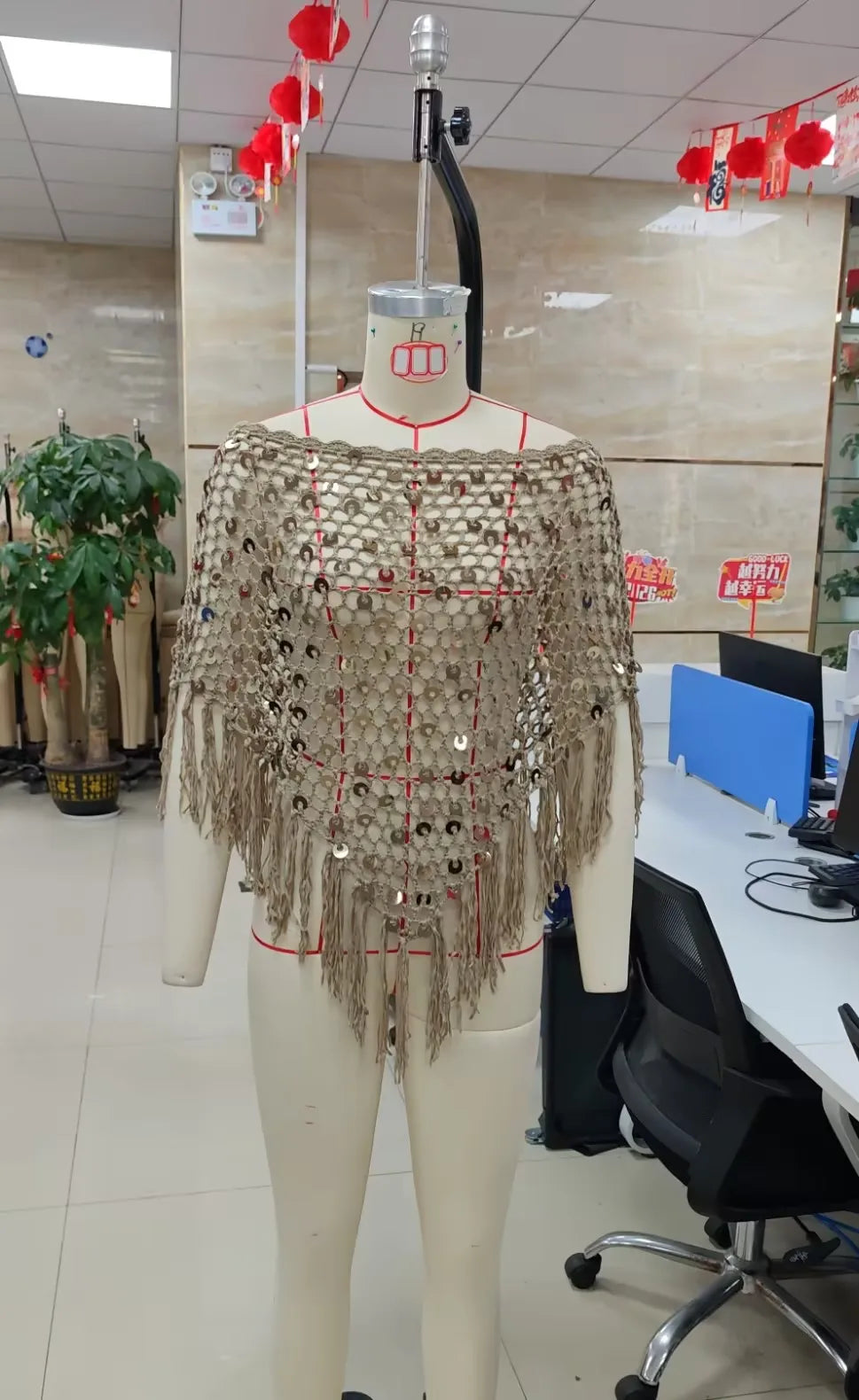 Womens Tassel Hem Knitted Poncho With Sparkly Sequins Crochet Shrug Shawl