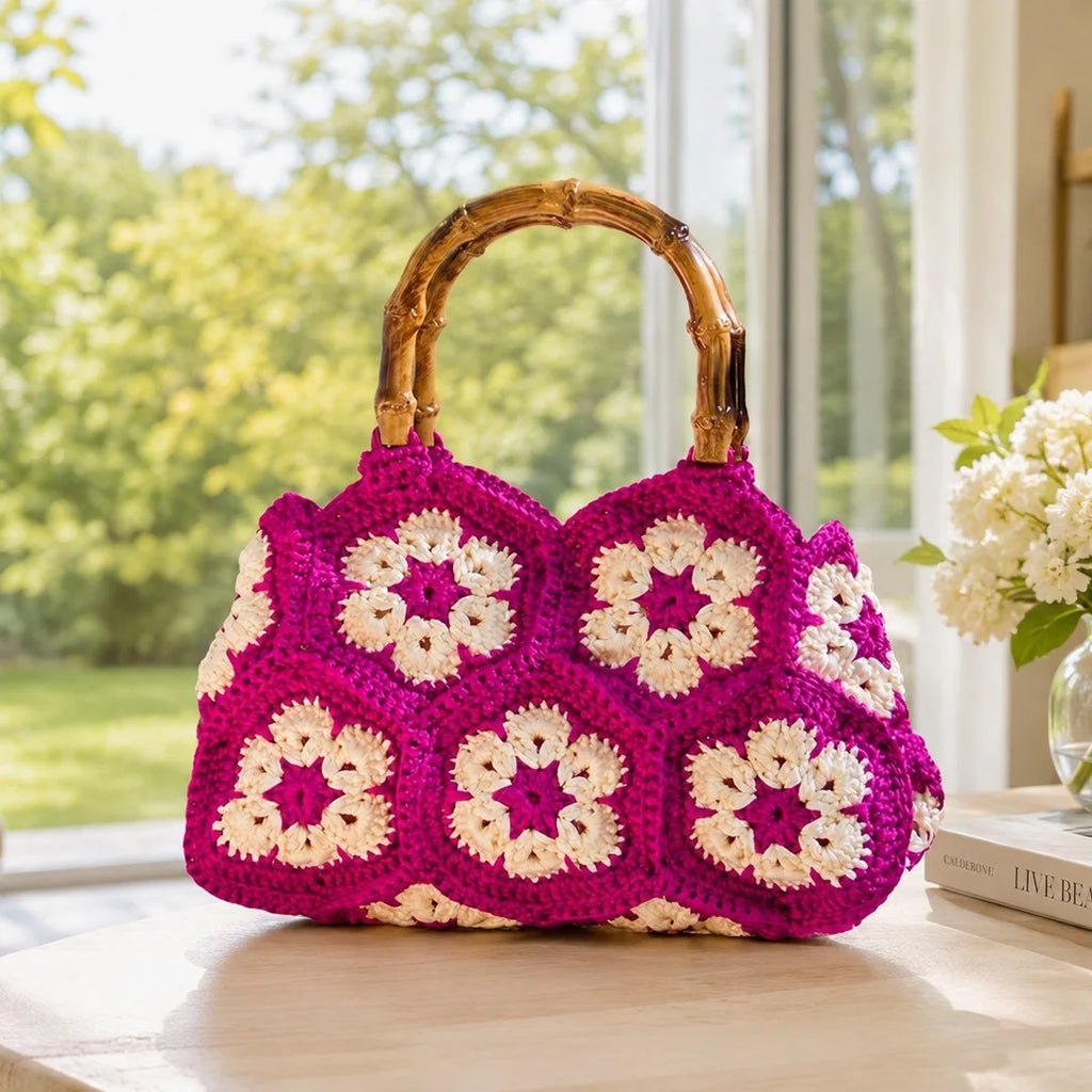 Handwoven Floral Crochet Bag Retro Granny Square Tote For Women Daily Travel