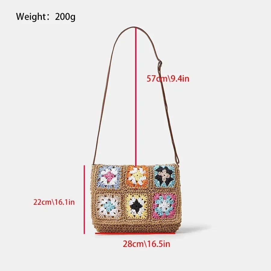 Summer Handmade Crochet Bag Retro Flower Paper Rope Crossbody Shoulder Bag