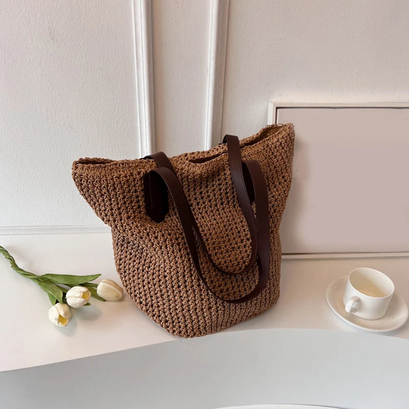 Women Bohemian Straw Shoulder Bag Large Crochet Tote For Beach Summer Woven