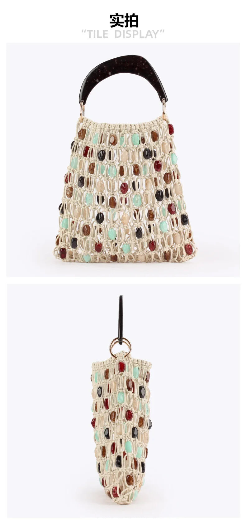 Bohemian Rope Crochet Women Bag Beading Beach Bag Handmade Woven Shoulder Bag