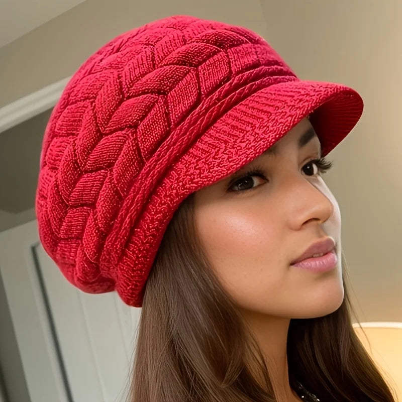 Bonnet en tricot d'hiver rétro pour femme avec visière pour la course à pied et le ski en extérieur