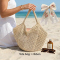 Women's Crochet Tote Bag Set Two Piece Large Capacity Hollow Woven Shopping Bag