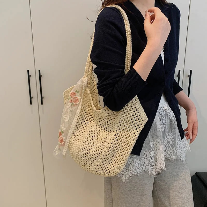 Summer Lace Bow Tote Bag For Women Raffia Rattan Crochet Shoulder Bag 2025