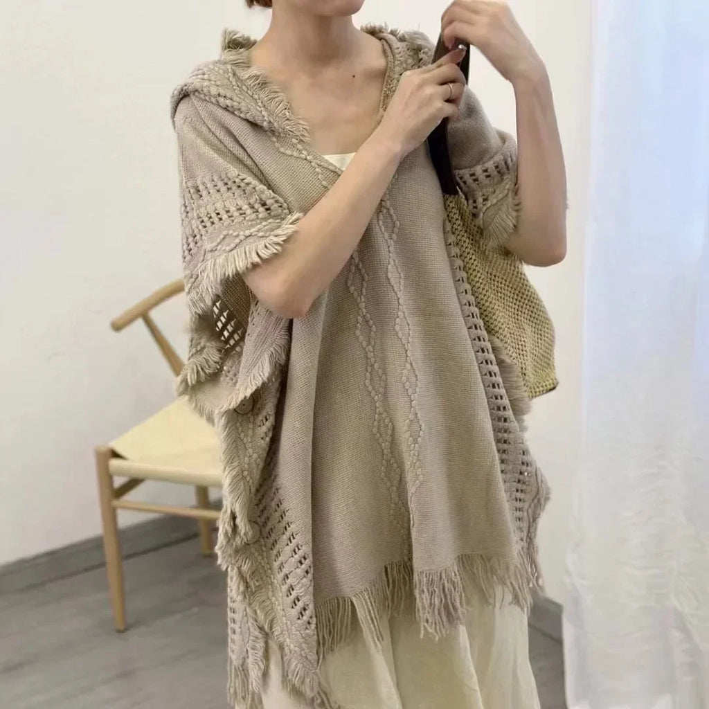 Hooded Crochet Cloak Poncho Shawl Boho Chic Knit Wrap For Women