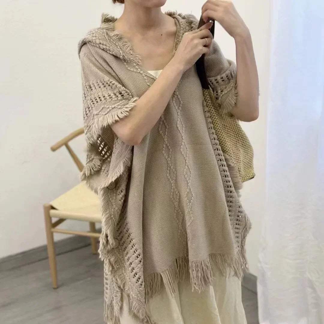 Cape à capuche au crochet, poncho, châle, tricot bohème chic pour femme