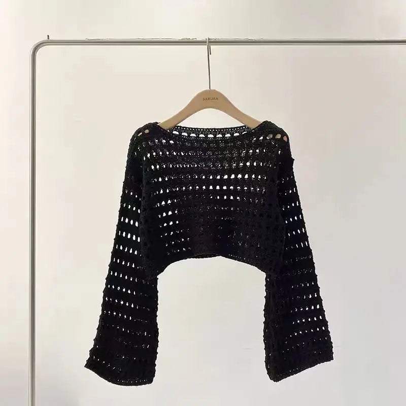 Boho Crochet Knit Long Sleeve Beach Cover Up For Women Vacation Top