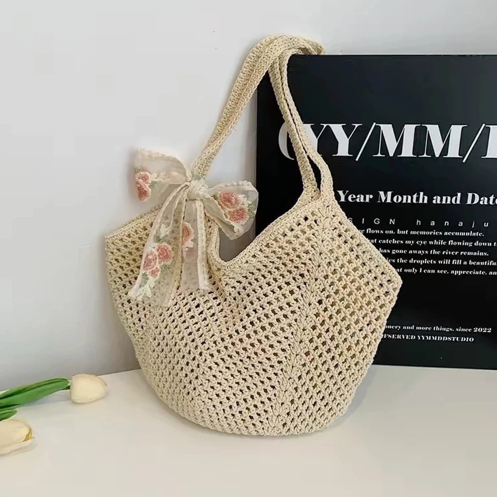 Women's Crochet Tote Bag Ribbon Two Piece Set Large Capacity Hollow Woven Bag