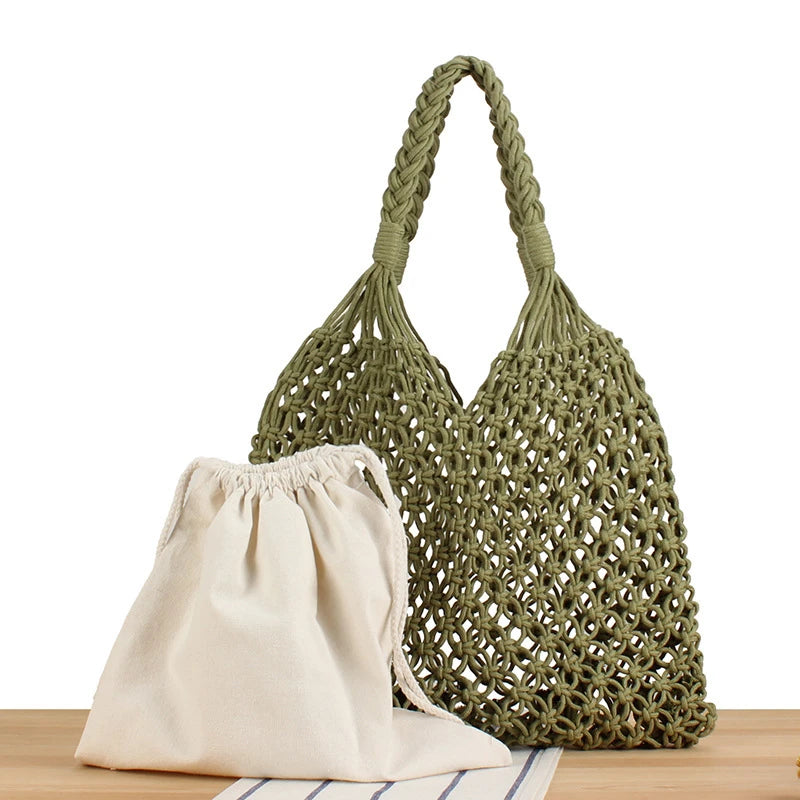 Sac à bandoulière en crochet ajouré avec poche intérieure pour femme, sac fourre-tout de couleur unie