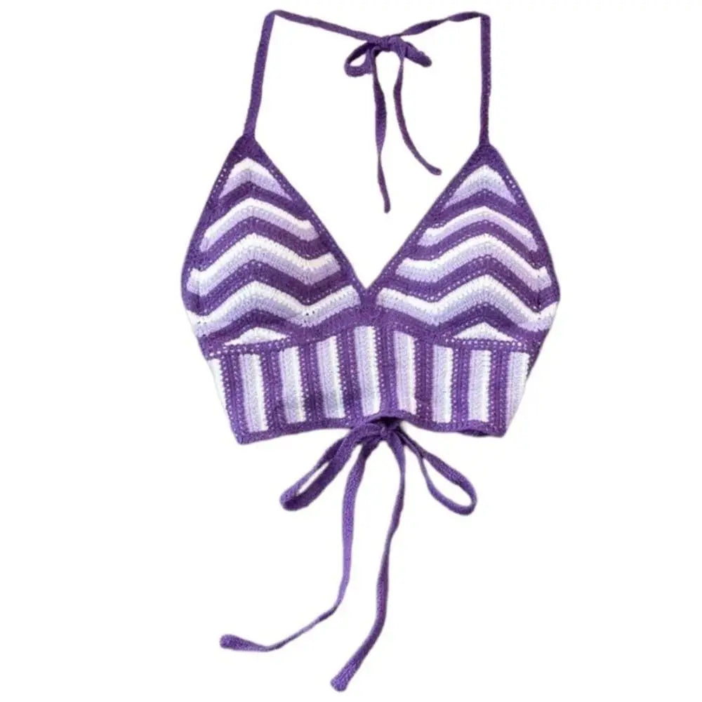 Haut débardeur Bohème au Crochet Dos Nu Creux pour Femme Vêtements de Plage Tricot Rayé