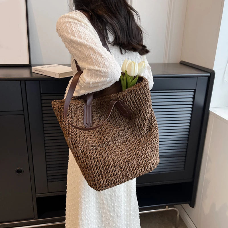 Women Bohemian Straw Shoulder Bag Large Crochet Tote For Beach Summer Woven