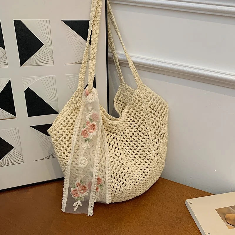 Summer Lace Bow Tote Bag For Women Raffia Rattan Crochet Shoulder Bag 2025