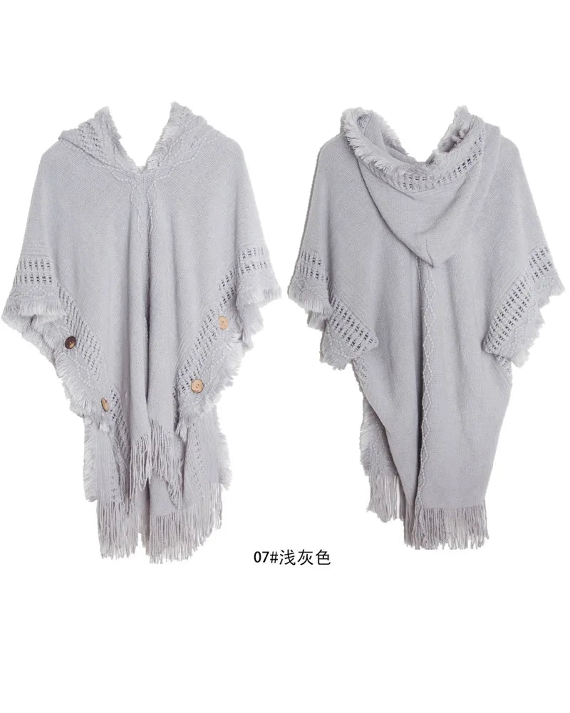 Hooded Crochet Cloak Poncho Shawl Boho Chic Knit Wrap For Women