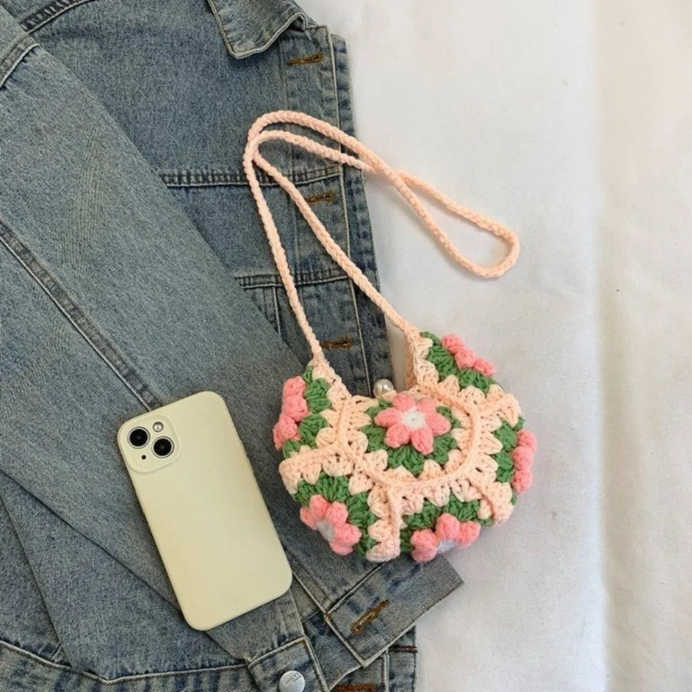 Sweet Handmade Crochet Crossbody Bag Flower Pattern Corduroy Shoulder Bag
