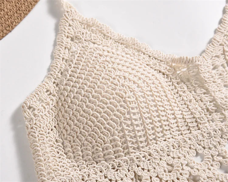 Crochet Bustier Beach Top HollowOut Adjustable Straps Padded Cups Y2K Swimwear