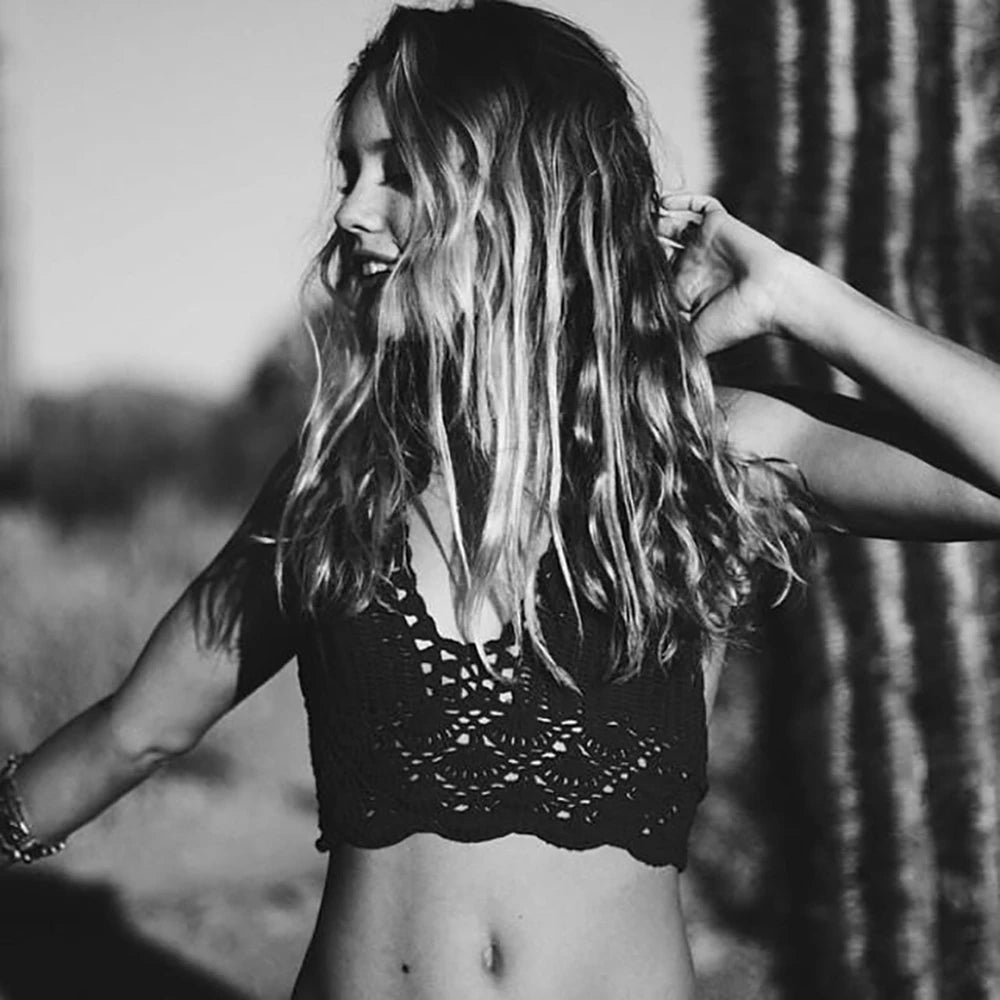 Knit Crochet Bralette Crop Top Bikini Tank Backless Boho Beachwear For Women
