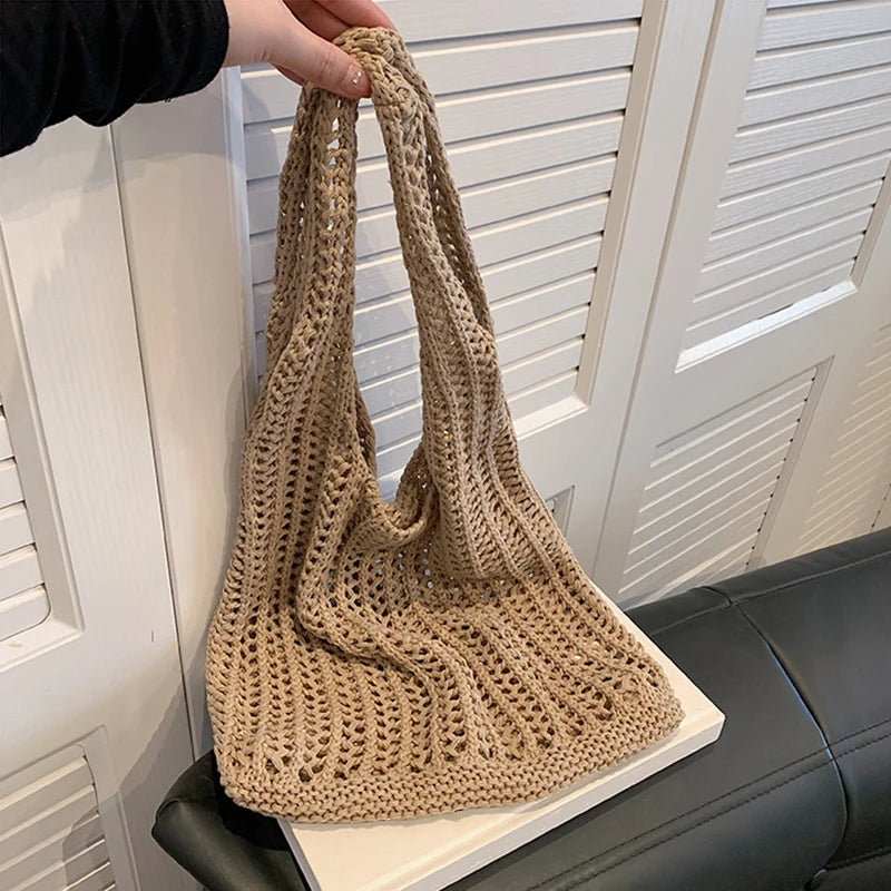 Sac à bandoulière fourre-tout en crochet de couleur unie Yogodlns, sac à main bohème tissé