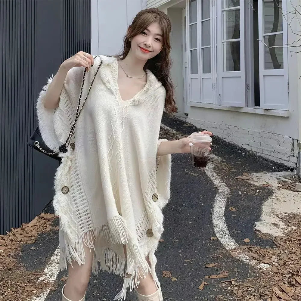 Hooded Crochet Cloak Poncho Shawl Boho Chic Knit Wrap For Women