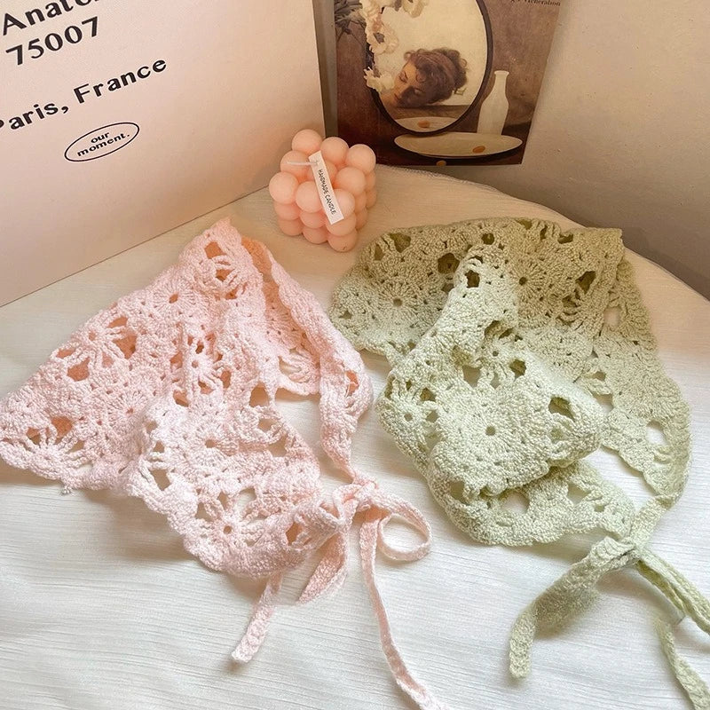 Unisex Floral Knitted Headscarf Hat Handmade Triangle Vintage Crochet Headband