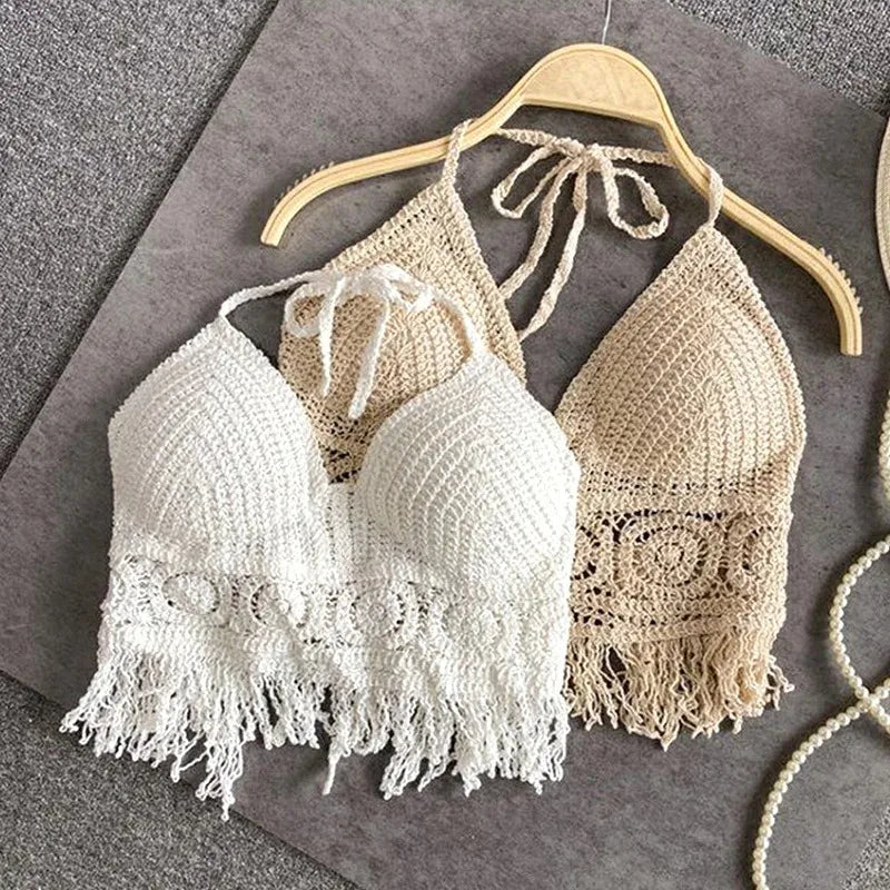 Boho Beach Backless Crochet Knit Camisole Halter Tank Top For Women Crop Tops