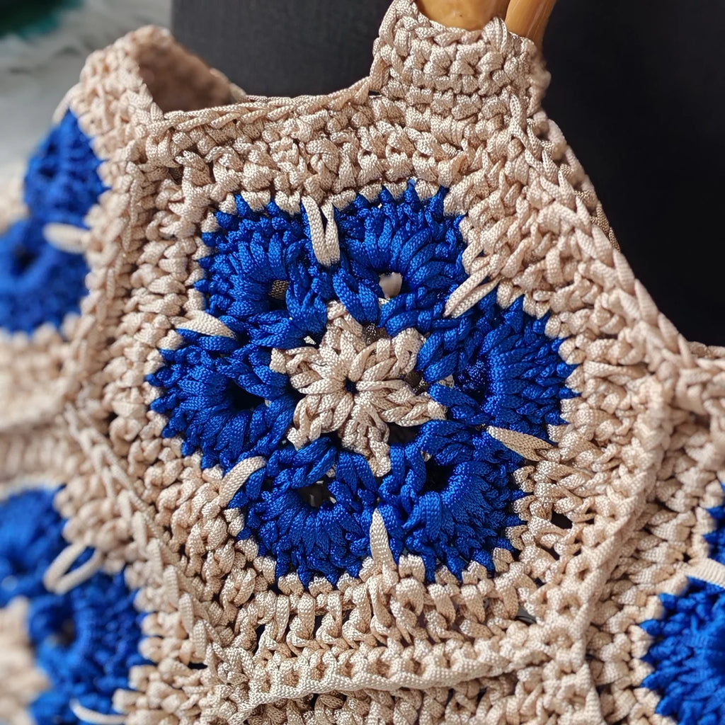 Handmade Crochet Granny Square Tote Bag With Bamboo Style Handle Vintage Flower