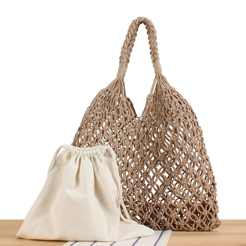 Sac à bandoulière en crochet ajouré avec poche intérieure pour femme, sac fourre-tout de couleur unie