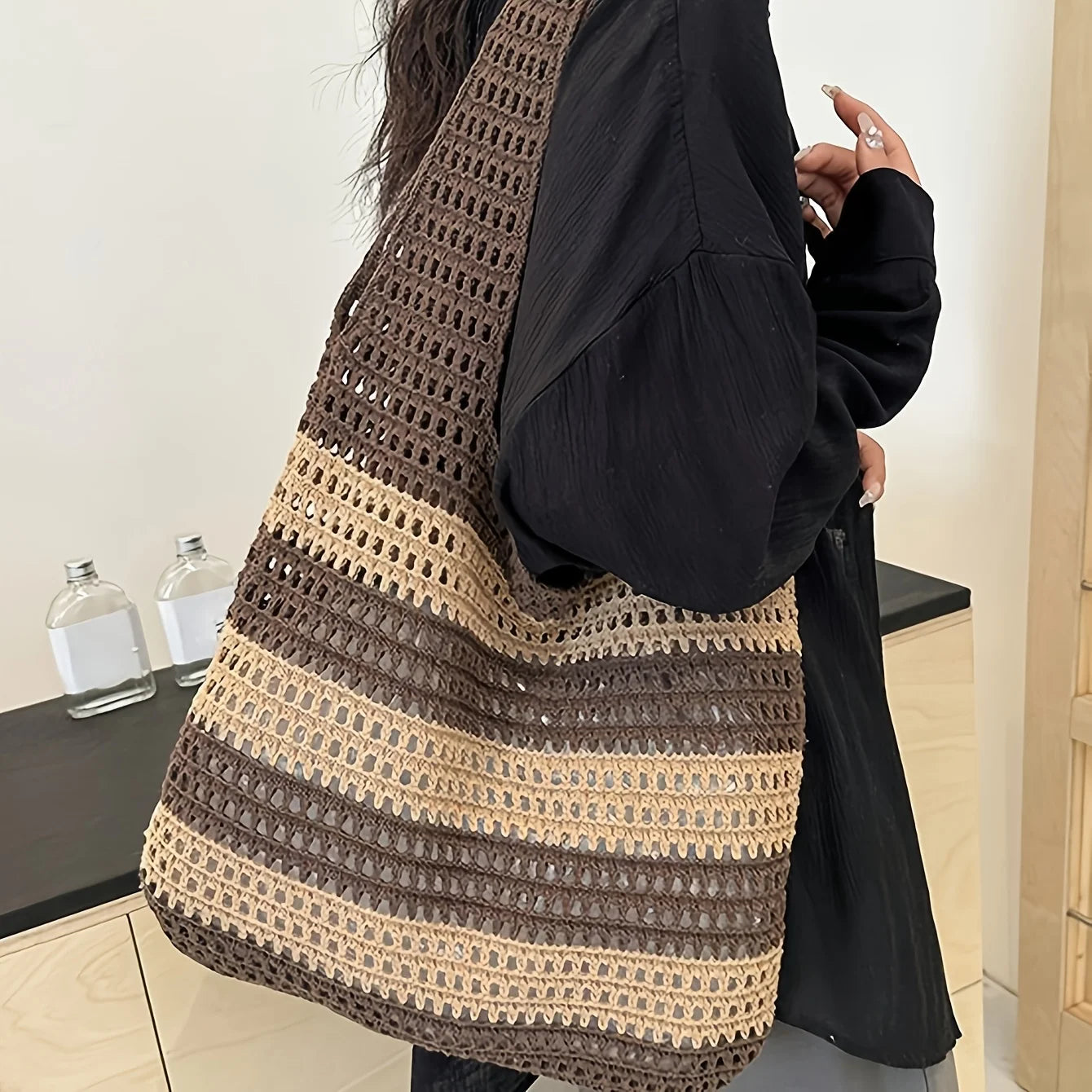 Sac à main en crochet tissé pour femme, cabas tricoté, sac de plage, vintage d'été