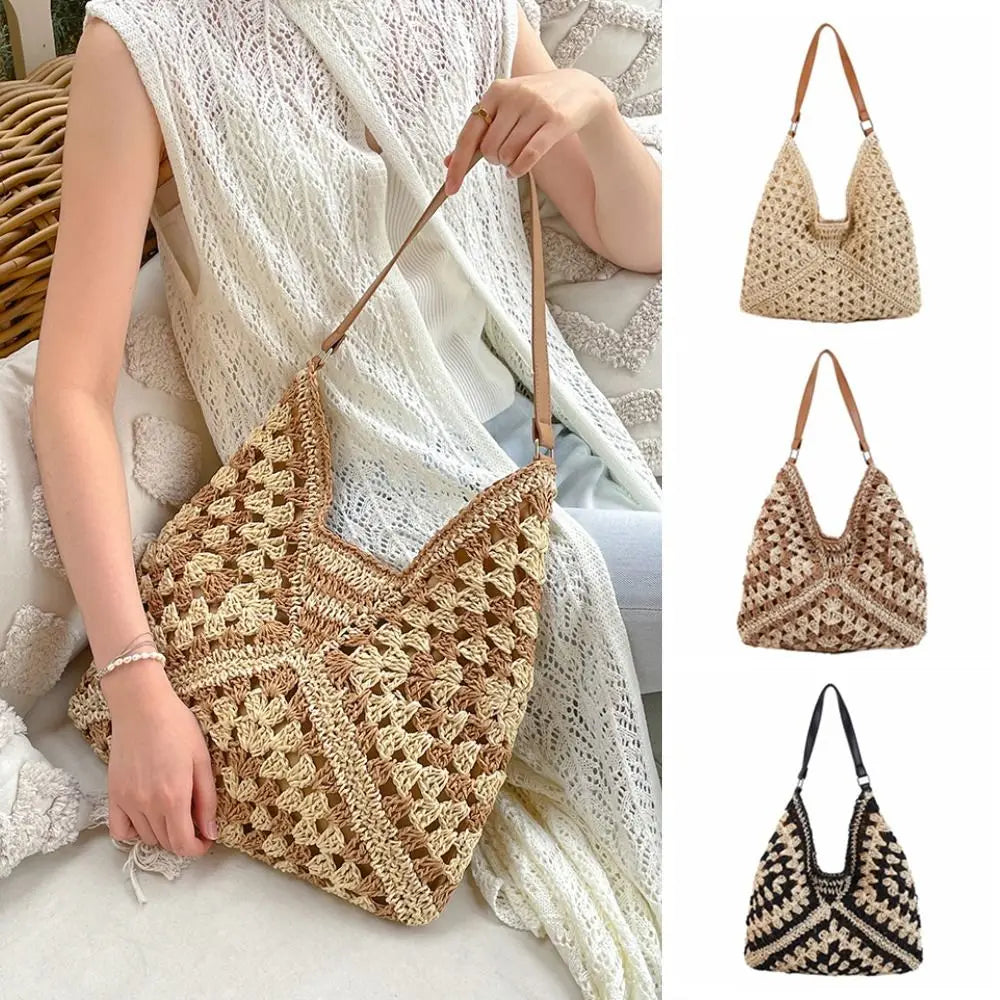 Summer Straw Crochet Bag For Women Beach Shoulder Tote Vacation Bag