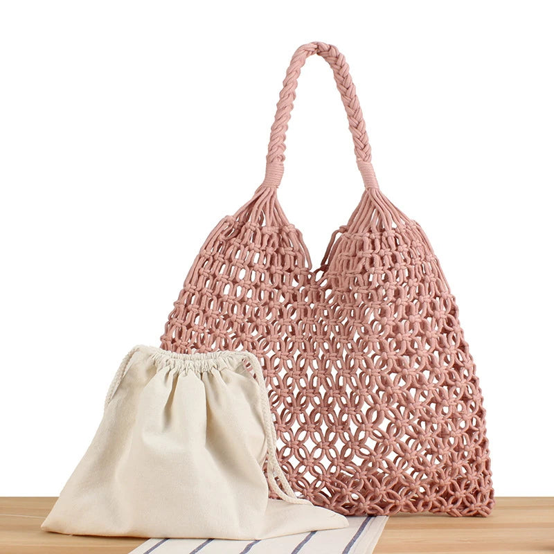Sac à bandoulière en crochet ajouré avec poche intérieure pour femme, sac fourre-tout de couleur unie