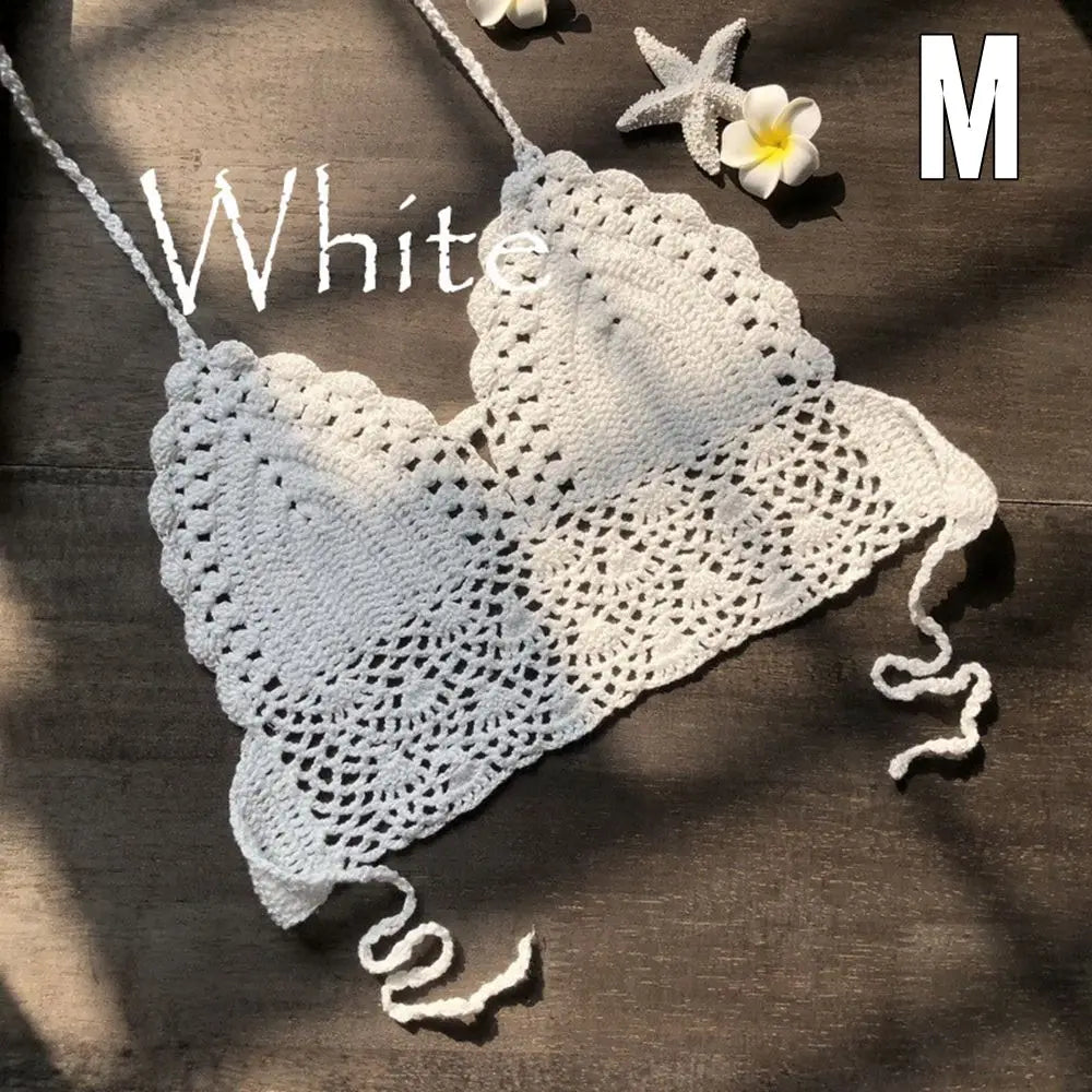 Haut court en crochet à col licou, brassière tricotée, dos nu, bikini, tenue de plage bohème