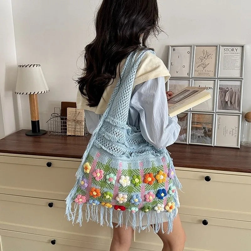 Women's Large Crochet Shoulder Tote Bag For Casual Daily Use School Commute