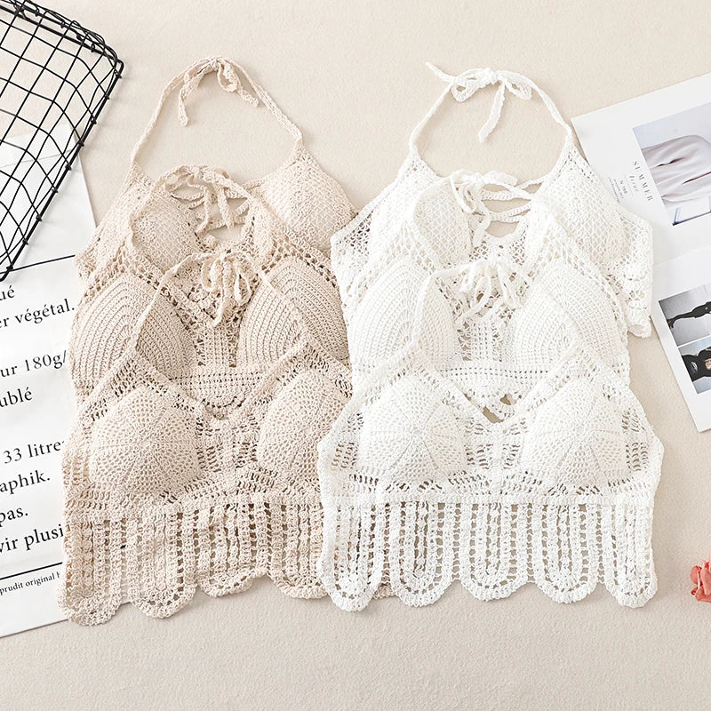 Débardeur court d'été en crochet ajouré pour femme, dos nu, style bandeau dos nu, pour la plage