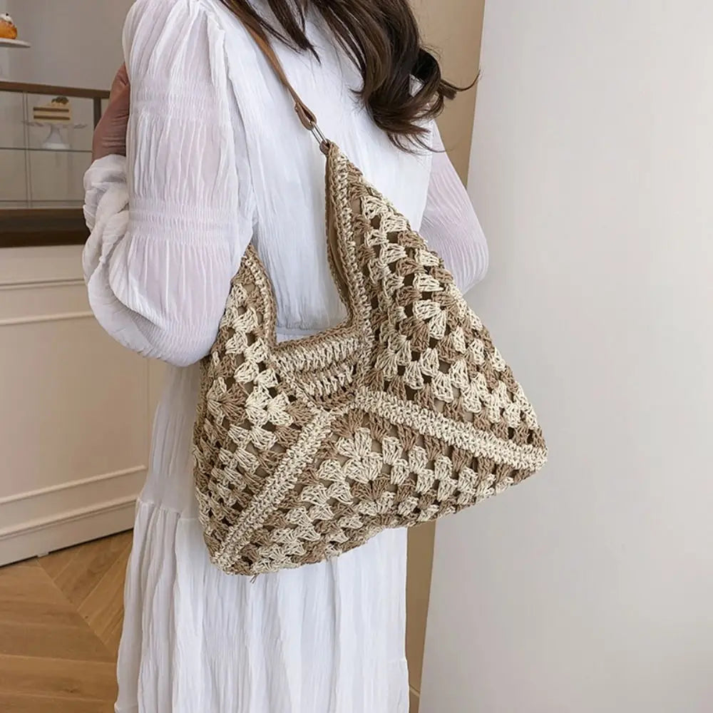 Summer Straw Crochet Bag For Women Beach Shoulder Tote Vacation Bag