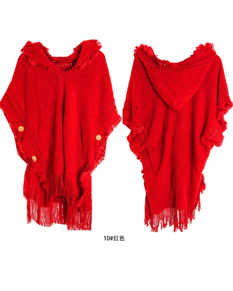 Hooded Crochet Cloak Poncho Shawl Boho Chic Knit Wrap For Women
