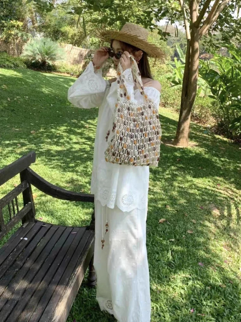 Bohemian Rope Crochet Women Bag Beading Beach Bag Handmade Woven Shoulder Bag